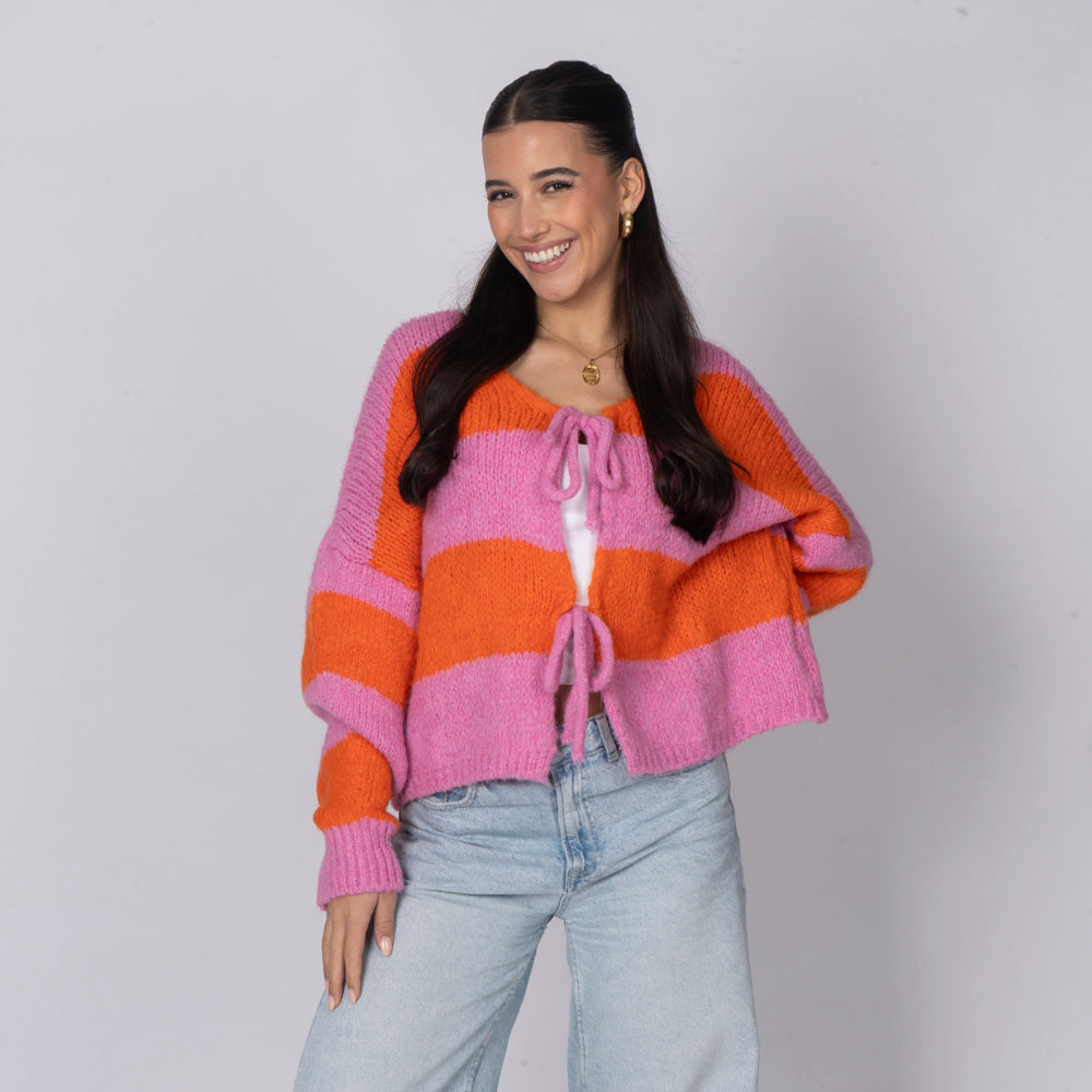 Striped V-Neck Bow Cardigan